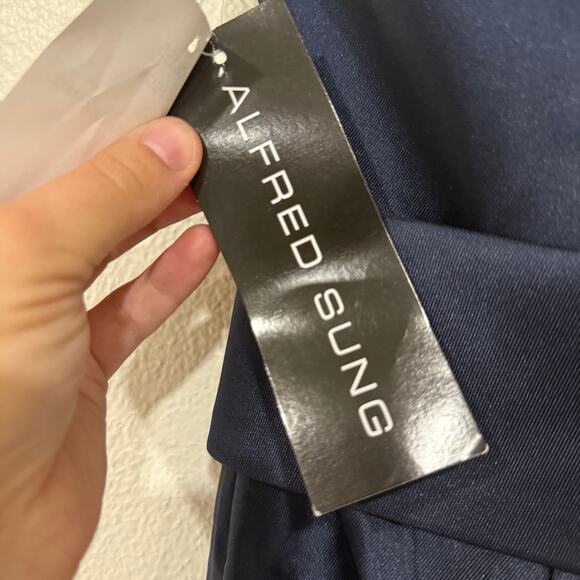 NWT Alfred Sung Draped One Shoulder Satin Maxi Dress Formal Midnight Navy Size 2 - Picture 7 of 9